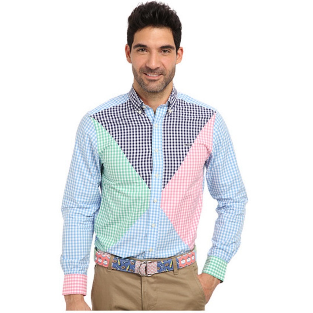 Vineyard Vines Men’s Pastel Patchwork Gingham Slim Fit Whale Shirt Size Large